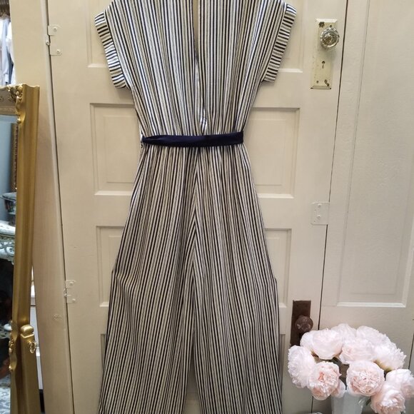 Monteau Navy Striped Short Sleeve Jumpsuit Romper w/Belt & Pockets * Size Large - Picture 5 of 8